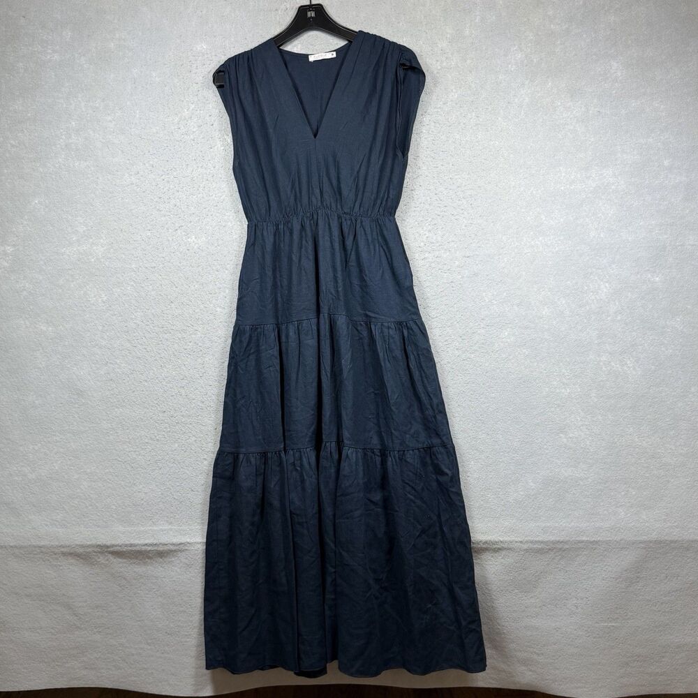 Fucsia Dress Size Medium Navy Blue Italy Linen Blend Sleeveless Midi Boho